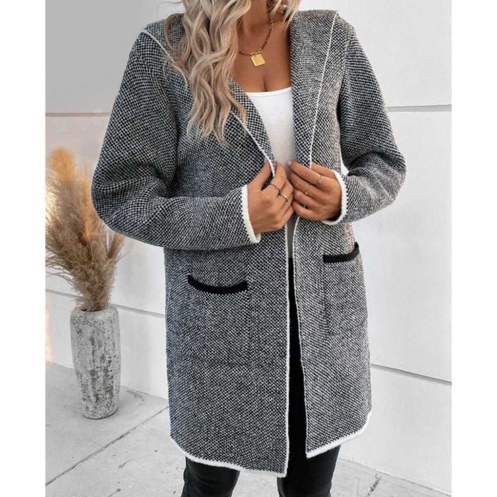 Pocketed Hooded Black Binding detailed knit sweater Cardigan - Picture 5 of 7